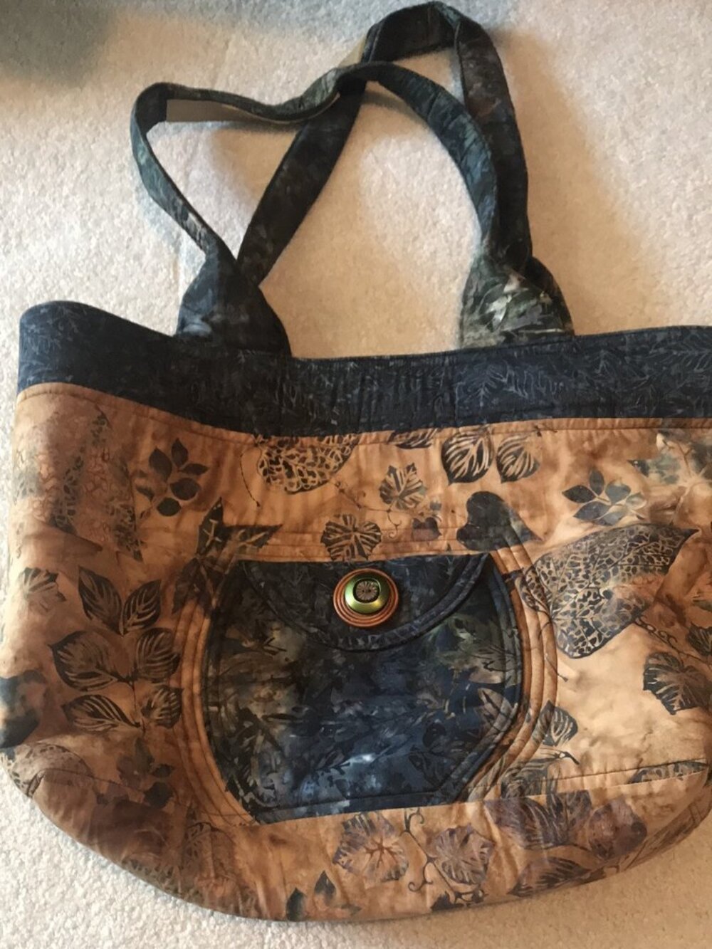 Large Handmade Quilted Batik Leaf Print Tote Bag